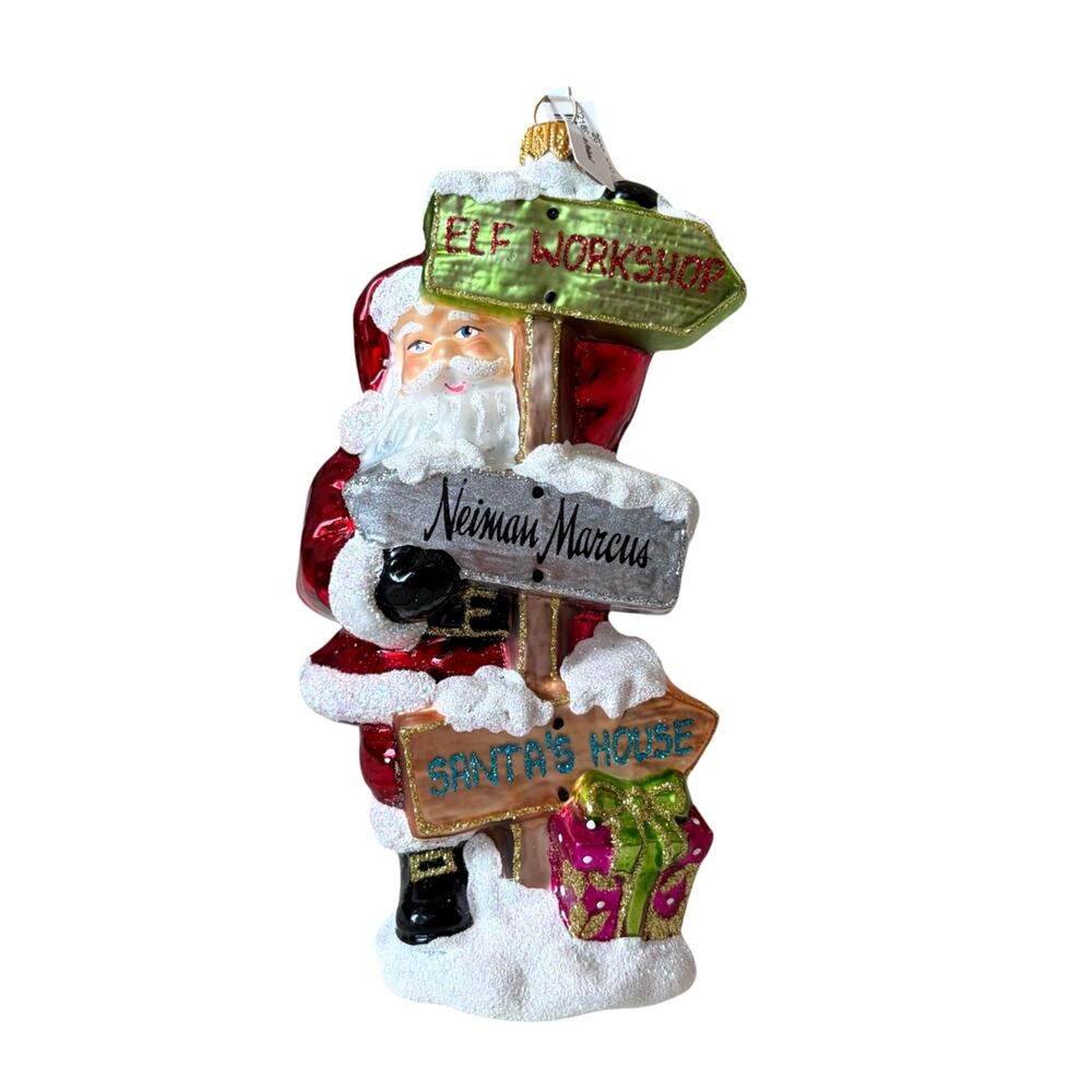 NEW Neiman Marcus Glass Christmas Ornament Santa with Road Signs Made in Poland